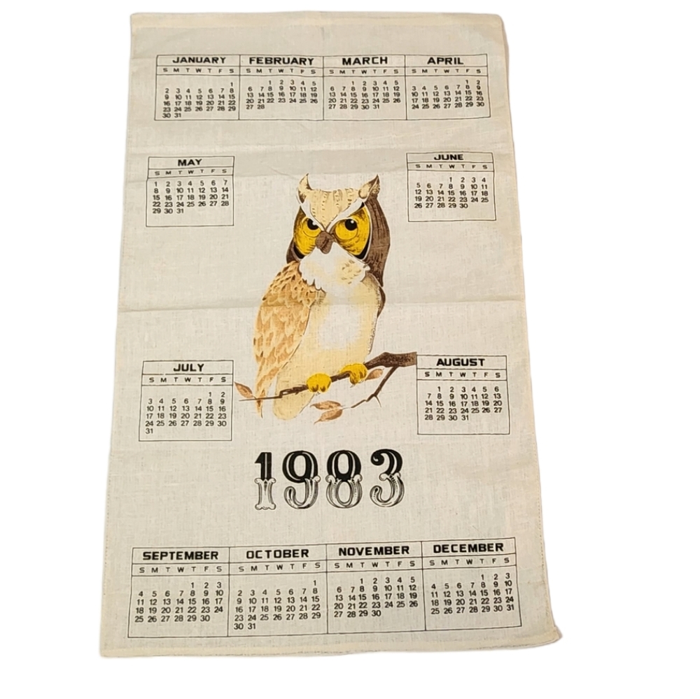 Vintage Owl Calendar Tea Towel 1983 Pre Owned Condition